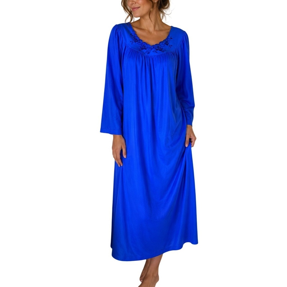 NWOT Shadowline Royal Blue‎ Medium Nylon Long Sleeve Embroidered Maxi Nightgown